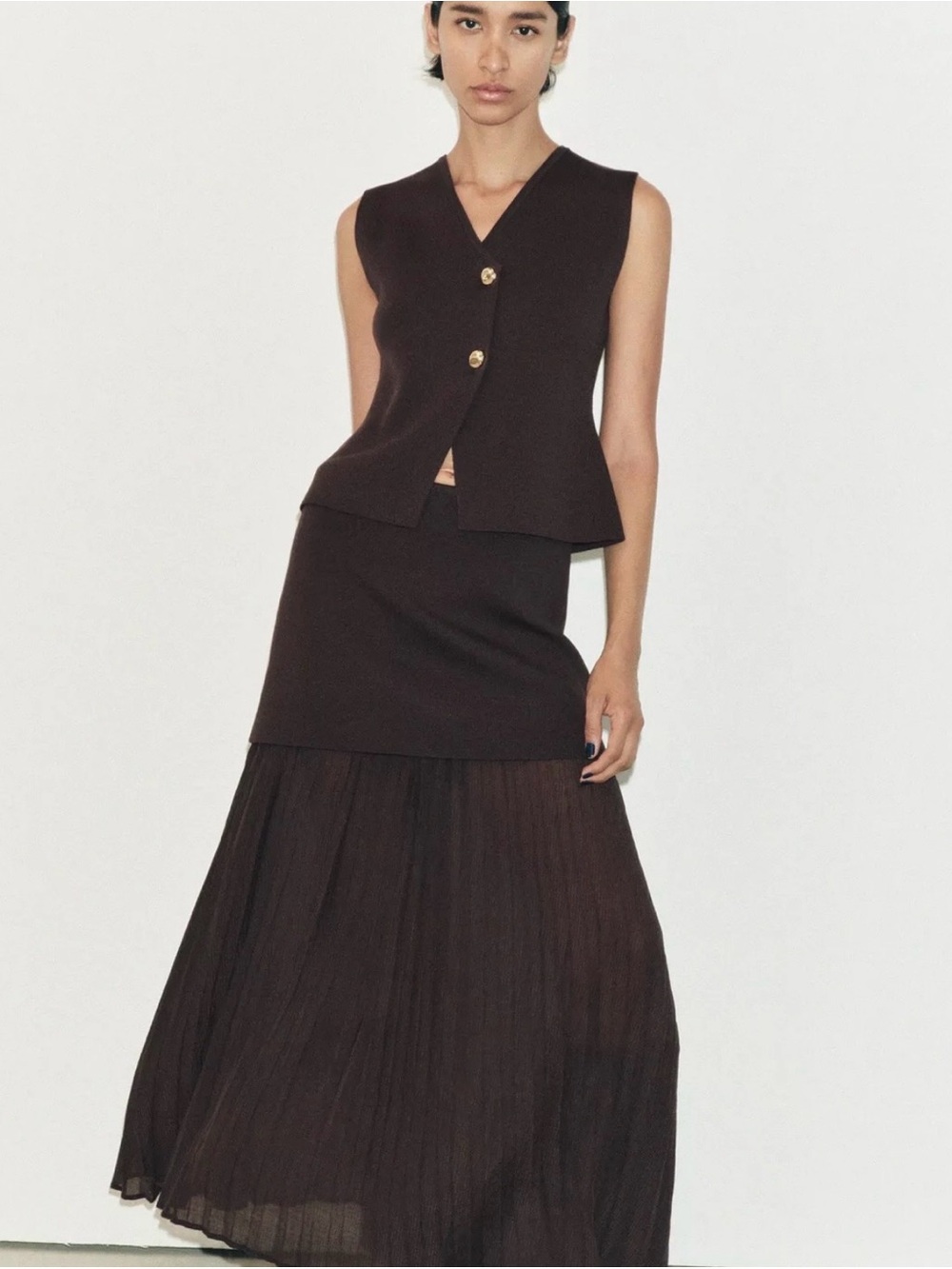 Zara Chocolate Brown Vest & Pleated Midi Skirt Set – Size L